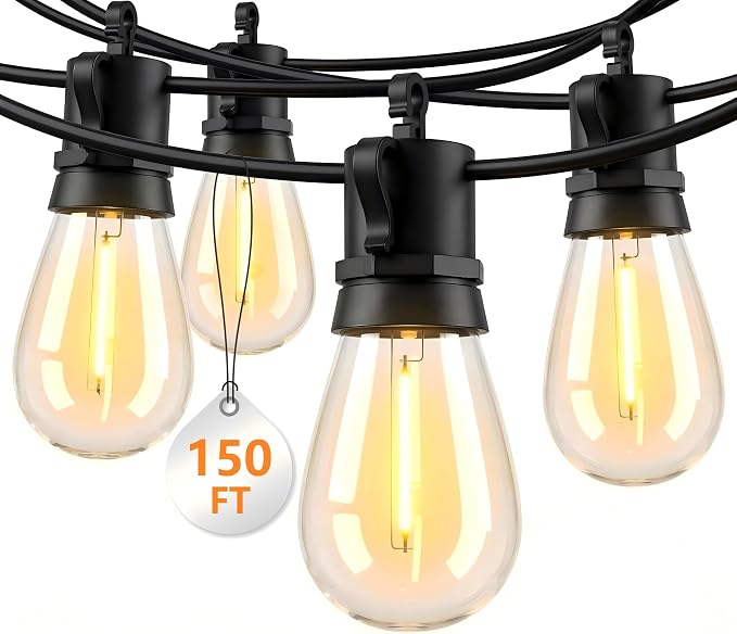 Outdoor String Lights Patio Light - 150Ft Outside Waterproof Edison Bulbs | S14 LED Porch Light, Shatterproof Edison Bulbs Hanging Connectable Lighting for Gazebo Backyard Bistro Pergola, Balcony