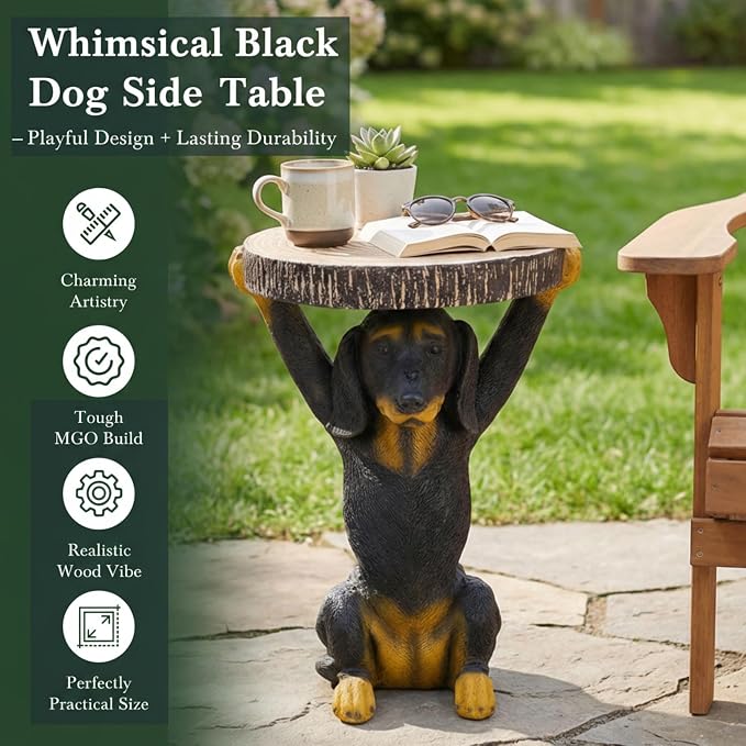 Playful Dog Side Table with Faux Wood, Dog Statue Small Patio Table for Indoor & Outdoor, Garden Sculptures and Decor, No Assembly, MGO