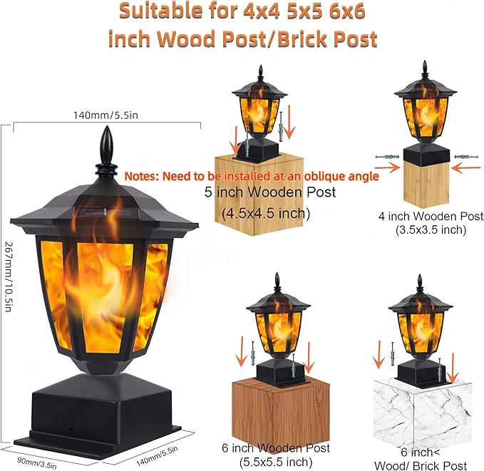 Dynaming Solar Flame Post Lights Outdoor, Solar Powered Lamps Fence Post Cap Lights, Flickering Flame LED Lantern Decorative Waterproof for Garden Deck Patio, Fit 4x4, 5x5 or 6x6 Wooden Posts, 2 Pack