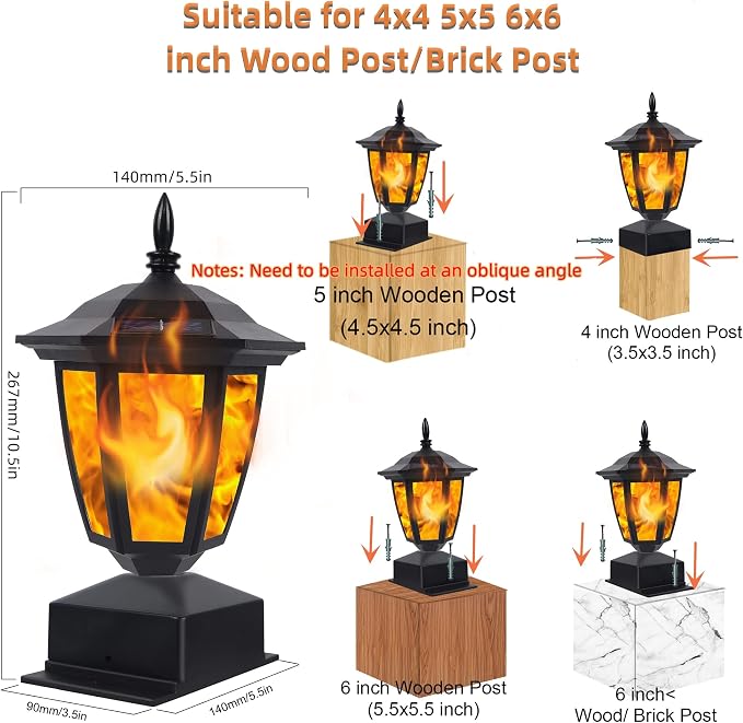 Dynaming Solar Flame Post Lights Outdoor, Solar Powered Lamps Fence Post Cap Lights, Flickering Flame LED Lantern Decorative Waterproof for Garden Deck Patio, Fit 4x4, 5x5 or 6x6 Wooden Posts, 6 Pack