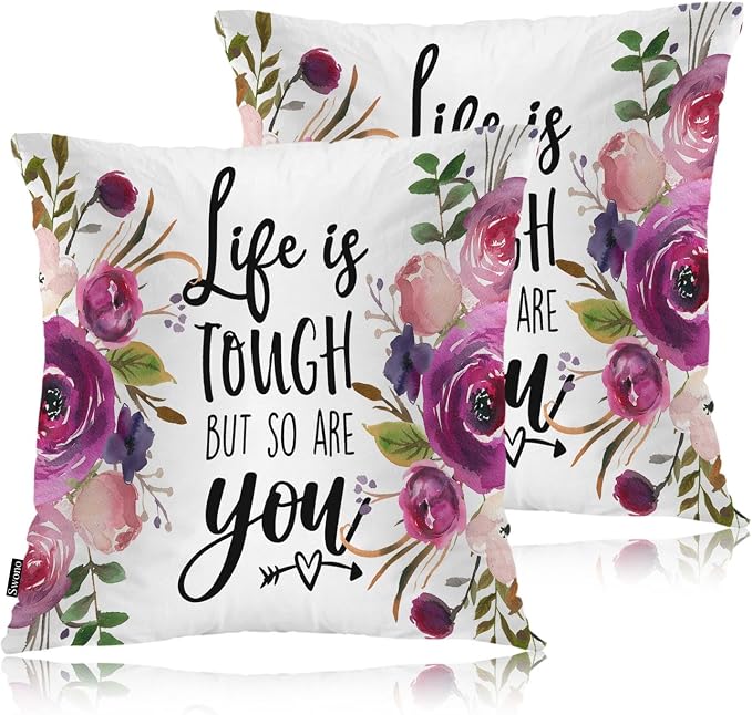 Swono Inspirational Quote Pack of 2 Decorative Throw Pillow Covers Cushion Covers, Life is Tough But So are You Couch Pillow Case Boho Cushion Pillowcase for Bedroom Sofa Living Room 18X18 Inch Rose