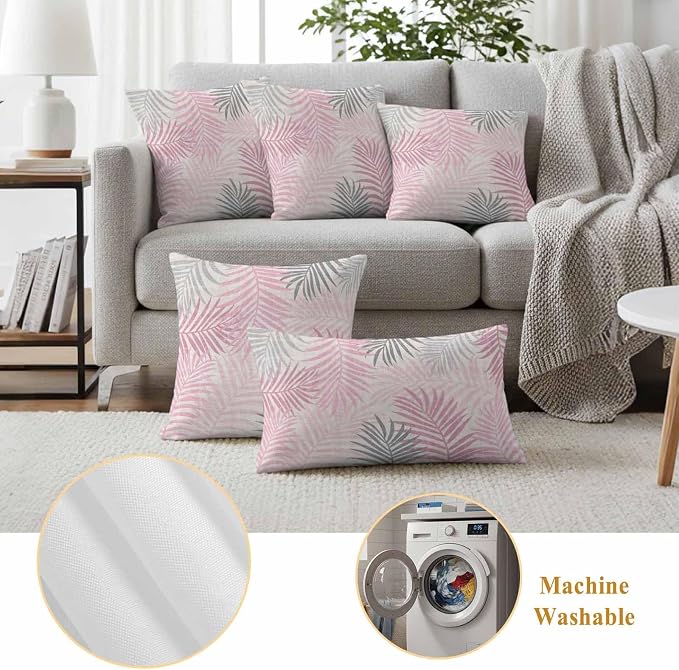 Outdoor Waterproof Throw Pillow Covers, Pink Grey Palm Leaves Decorative Pillow Cases, Summer Botanical Tropical Leaf Couch Pillow Protector Patio Sofa Cushion Covers Replacement 16"x16" 2 Pack