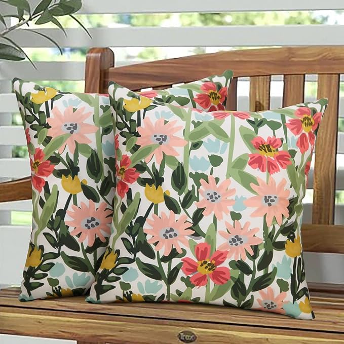 Pyonic Outdoor Pillows Covers Pack of 2 Spring Summer Floral Waterproof Throw Pillow Covers 18X18 inch Outdoor Pillows for Patio Furniture Garden Square Outside Waterproof Pillow