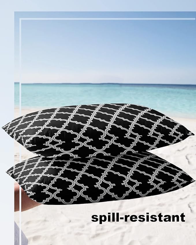 Outdoor Waterproof Pillow Covers for Patio Furniture Moroccan Pattern Decorative Throw Pillow Cover Geometric Trellis Black Pillowcases Set of 2 Cushion Case for Sofa Couch Chair Home Decor 20x12 inch