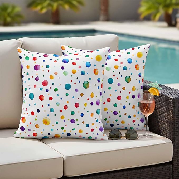 Color Polka Dot Outdoor Pillow Covers Set of 2 Abstract Watercolor Bubbles Modern Waterproof Throw Pillow Cover Decorative Cushion Cases for Patio Porch Garden 16X16 Inch