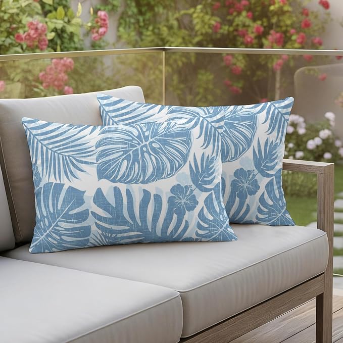 Coastal Blue Palm Leaves Outdoor Pillow Covers 20"x12" Set of 2, Tropical Botanical Minimalist Modern Waterproof Throw Pillow Covers for Patio Furniture, Decorative Cushion Covers for Porch