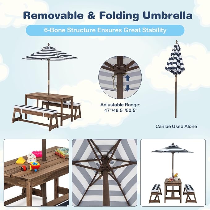 KOTEK Kids Picnic Table with Umbrella Foldable, Backyard Wooden Table & Bench Set w/Removable Cushions, Activity Art Play Table, Indoor Outdoor Toddler Picnic Table for Patio, Lawn & Garden (Blue)