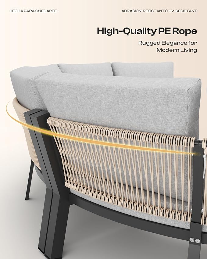 Outdoor Patio Furniture Set, 4 Piece Half Moon Aluminum Patio Conversation Sets Curved Sofa with PE Rope, All-Weather Sectional Furniture Set with Modular Coffee Table & Cushions, Gray