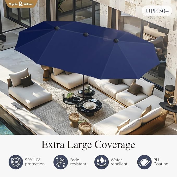 Sophia & William Patio Dining Set for 6 with 13ft Double-Sided Umbrella | 8 Piece Metal Outdoor Table Furniture Set, 6 Outdoor Chairs, 1 Rectangle Dining Table and 1 Large Navy Blue Umbrella