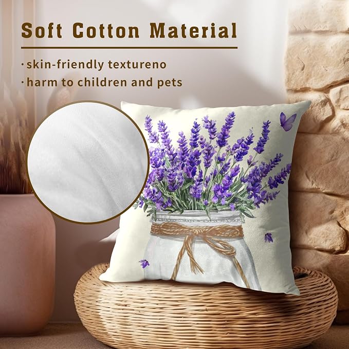 Vintage Flowers Lavender Pillow Cover 20x20 Inch Set of 2, Rustic Provence Purple Floral Jar Decorative Pillow Cotton Square Cushion Case for Outdoor Home Sofa Couch Decor