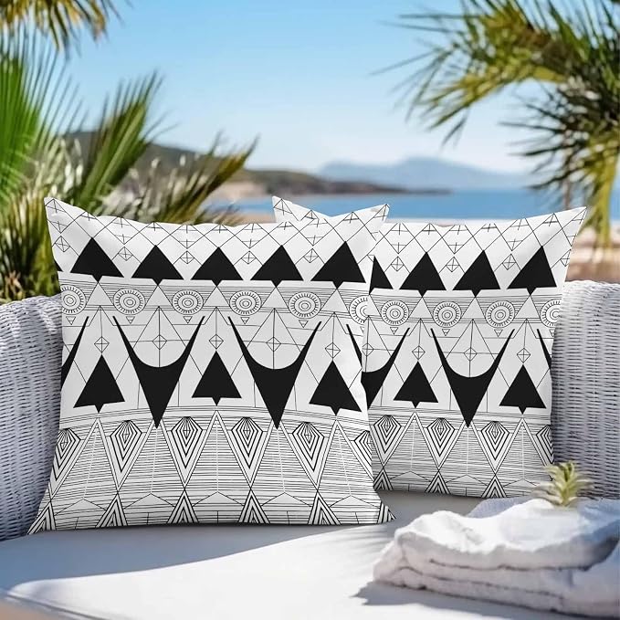 Throw Pillow Covers 26x26 Inch Set of 2, Black White Geometric Waterproof Outdoor Pillow Covers, Vintage Art Striped Decorative Cushion Pillowcases for Couch, Sofa, Bed, Garden, Patio