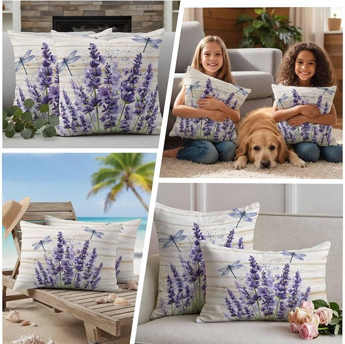 Outdoor Waterproof Throw Pillow Covers Set of 2 Lavender Flower Pillowcases 16x16 Inches Purple Floral Dragonfly Wood Decorative Pillows Cushion Case Patio Pillows for Couch Bed Chair Garden