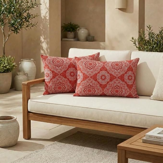 RSH DECOR: Outdura Jumbo Lumbar Pillows Set of 2 | 26" x 16" | Water and Fade-Resistant Performance Fabric | Outdoor Pillow Covers with Down-Alternative Inserts | Made in USA (Ayorline Flamin)