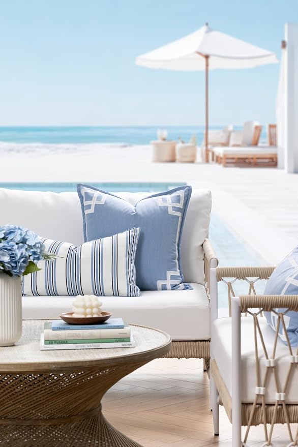 Hofdeco Premium Coastal Hampton Outdoor Performance Lumbar Pillow Cover Only, 12"x20" Water Repellent, UV and Fade Resistant for Backyard, Couch, Poolside, Azure Blue Indigo Woven Bayside Stripes