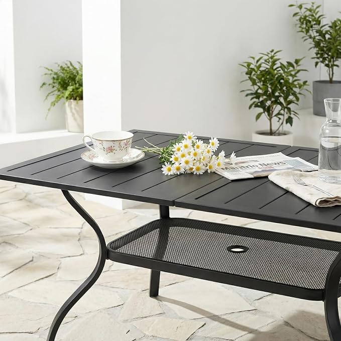 VINGLI 60" x 38" Rectangle Patio Table for 6, Metal Outdoor Dining Table with Umbrella Hole, All-Weather Steel Patio Dining Table Outdoor Table for Lawn, Garden, Backyard, Black (L60 xW38)