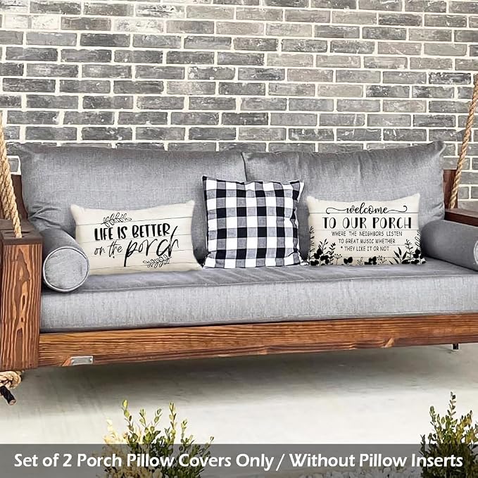 Porch Pillows Outdoor Chair Patio Furniture Pillow Covers 18x18 Waterproof | Set of 2, No Inserts, Weather Resistant, Patio Furniture, Minimalist Neutral Home Decor, Life is Better On The Porch Sign