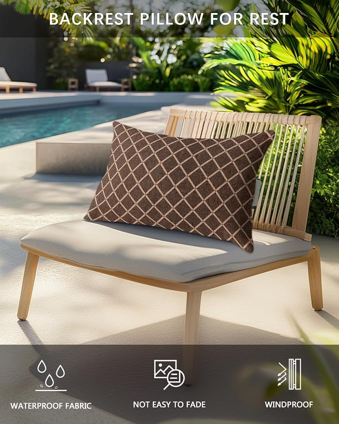 Outdoor Pillows Waterproof Covers Set of 2, Tan Diamond Pattern Adjustable Elastic Chaise Lounge Head Resting Pillows, Geometric Plaid Lines Lumbar Pillow for Pool Beach Patio Furniture 20x12 Inch