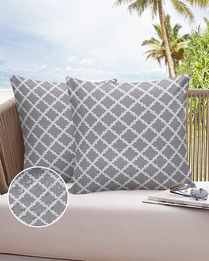 Outdoor Waterproof Pillow Covers for Patio Furniture Moroccan Pattern Decorative Throw Pillow Cover Geometric Trellis Grey Pillowcases Set of 2 Cushion Case for Sofa Couch Chair Home Decor 24x24 inch