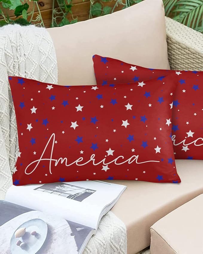 Pentagram Outdoor Pillow Shams Set of 2, Decorative Pillowcases Cushion Case, Soft Throw Pillow Covers Waterproof Pillow Case 20x12 Inch, American Patriotic Stars Red Blue