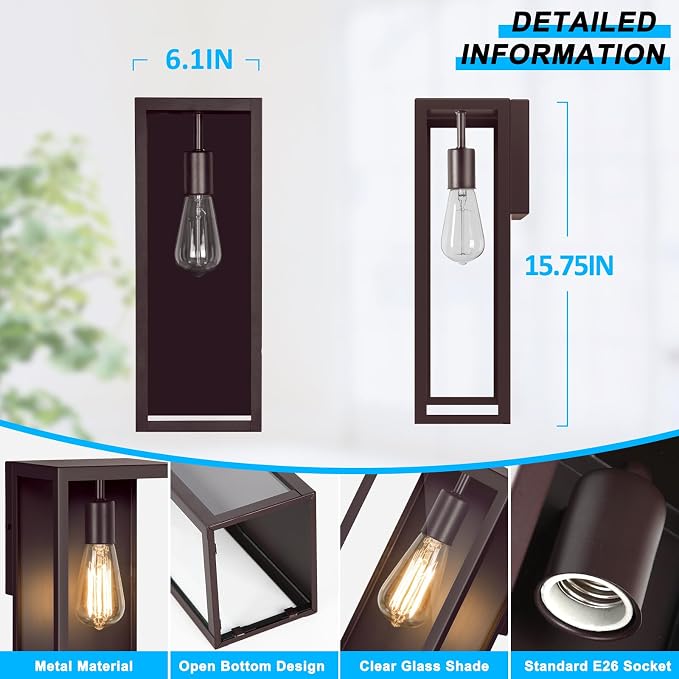 2-Pack Outdoor Wall Lanterns, 16” Exterior Waterproof Outdoor Light, Brown | Porch Lights Wall Mounted with Glass Shades, Anti-Rust E26 Modern Lighting Fixtures for Patio Garage Entryway Front Door