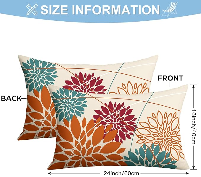 OTOSTAR Outdoor Orange Red Pillow Covers 16x24 Inch Set of 2 Cyan Flower Throw Pillows Farmhouse Geometric Dahlia Floral Lumbar Cushion Case Waterproof Decor for Sofa Patio Funiture Garden