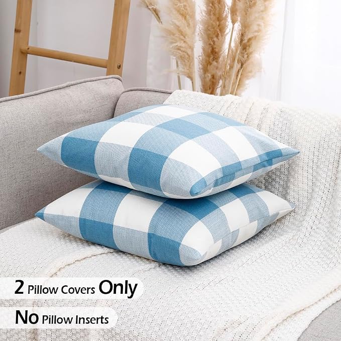 CARRIE HOME Light Blue and White Buffalo Check Plaid Lumbar Pillow Covers 12x20 Set of 2, Light Blue Checkered Summer Outdoor Lumbar Pillows, Lake Blue Couch Pillows Also for Patio Furniture