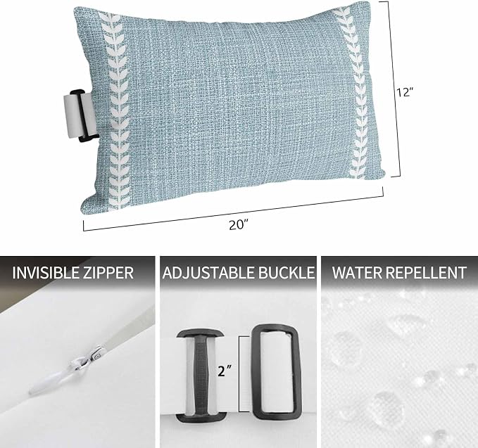 Simple Blue Outdoor Lumbar Pillow 12x20 Inch, Vintage Country Vertical Striped Linen Texture Waterproof Throw Pillow Covers with Insert, Decorative Headrest Pillows for Office Car Travel