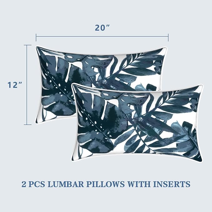 LVTXIII Set of 2 Outdoor Lumbar Pillows for Patio Furniture with White Piping, 12"x20" Fade Resistant Patio Lumbar Pillows with Inserts for Home Coach Sofa Use, Palm Blue