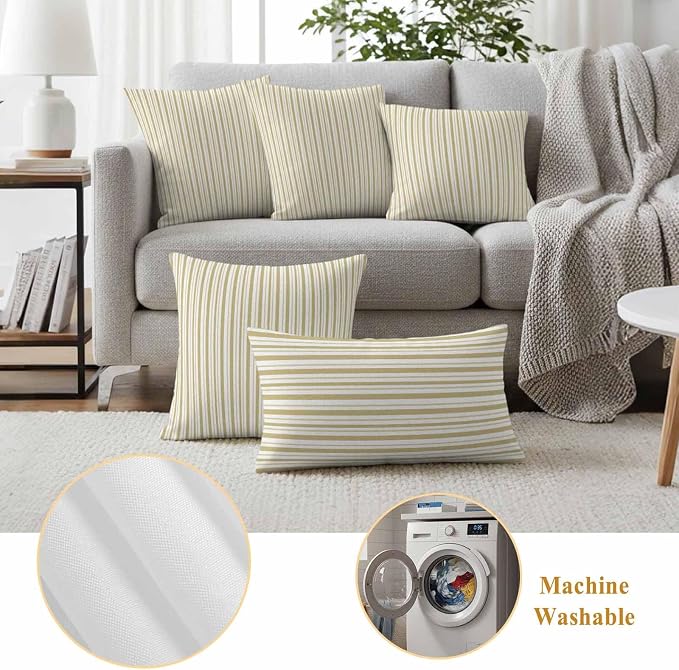 Yellow Vertical Stripes Waterproof Outdoor Pillow Covers Set of 2 Home Decor, Boho Pinstripes Apricot Lines Pillowcase Patio Pillow Covers for Couch Bench Patio Furniture Garden 18x18in