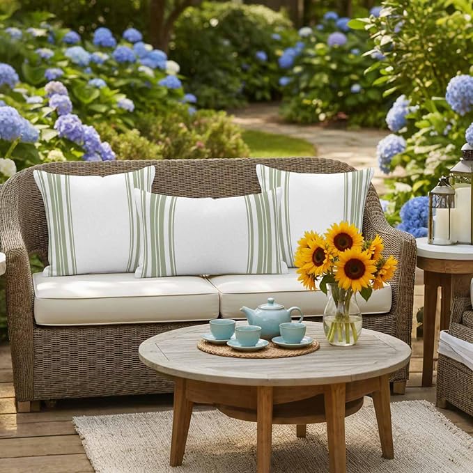 Outdoor Waterproof Throw Pillow Covers Set of 2 Sage Green Stripes Pillowcases 16x16 Inches White Vertical Striped Decorative Pillows Cushion Case Patio Pillows for Couch Bed Chair Garden
