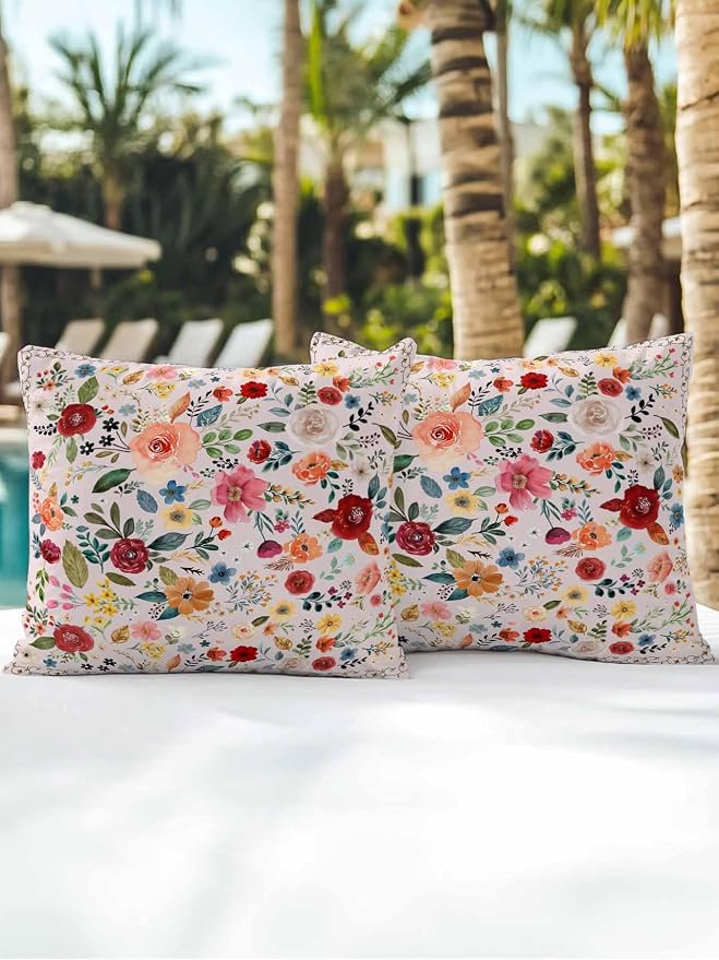 Outdoor Waterproof Throw Pillows Watercolor Leaf Colorful Bloom Floral Patio Pillows Pack of 2,Decorative Pillow Covers with Insert,Pillow Cushion Case for Garden Couch Sofa Vintage Country on Pink