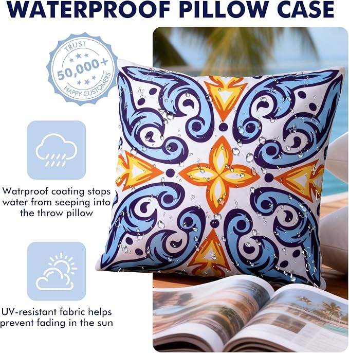 Waterproof Outdoor Pillow Covers, 4 Pack 18x18 Throw Pillow Covers | Blue Orange Decorative Pillow Covers, Floral & Boho Print, Waterproof & Fade Resistant, Cushion Case for Patio Furniture