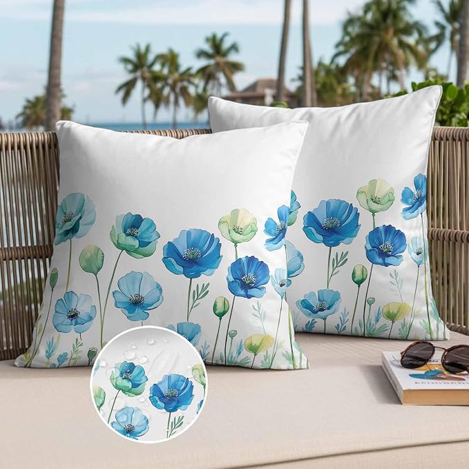 Spring Floral Outdoor Waterproof Throw Pillow Covers Set of 2, 24"x24", Watercolor Blue Poppy Flower Decorative Pillow Covers Outside Cushion Case for Patio Porch Garden