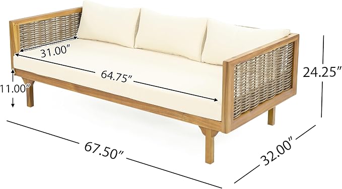 Merax Outdoor Acacia Wood Conversation Set - Patio 3-Seat Loveseat Sofa w/Coushion and Round Coffee Table for Backyard, Lawn, Balcony, Teak+Beige