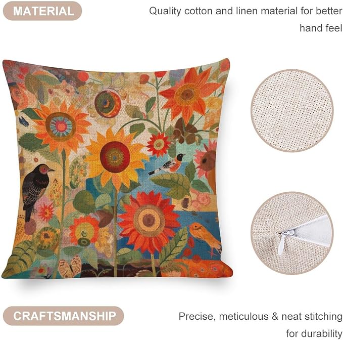 Cushion Covers Colorful Painting of Sunflowers Bird Linen Cushion Case Vintage Sunflower Bed Pillows Decorative 18"x18" Decorative Outdoor Linen Fabric Pillow Case for Couch Bed Car