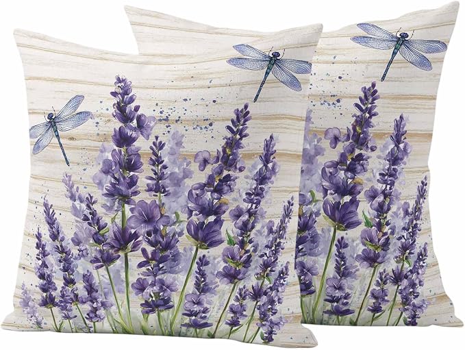 Outdoor Waterproof Throw Pillow Covers Set of 2 Lavender Flower Pillowcases 16x16 Inches Purple Floral Dragonfly Wood Decorative Pillows Cushion Case Patio Pillows for Couch Bed Chair Garden