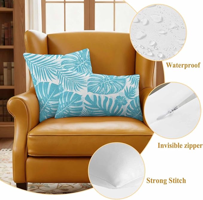 Aqua Blue Palm Leaves Outdoor Pillow Covers 26"x26" Set of 2, Tropical Botanical Minimalist Modern Waterproof Throw Pillow Covers for Patio Furniture, Decorative Cushion Covers for Porch
