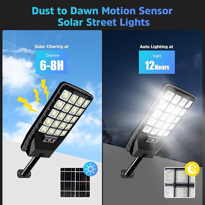 6 Pack Solar Street Lights Outdoor Waterproof, 6500K 20000LM Wide Angle Solar Powered Flood Light with Motion Sensor & Remote Control,Dusk to Dawn Commercial Solar Outdoor Light for Parking Lot