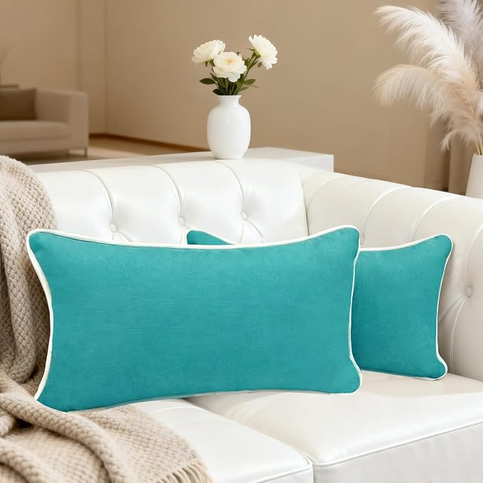 HER HWA Outdoor Lumbar Pillow Covers White Piping 20x12 Set of 2 Turquoise | durable fade-resistant water-resistant 100% polyester white piping smooth zipper machine washable for indoor outdoor décor