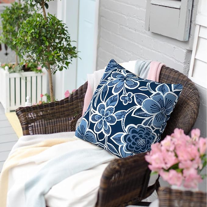 Outdoor Pillows for Patio Furniture 20x20 inch, Square Outdoor Throw Pillows with Inserts, Decorative Patio Pillows for Garden Couch Home Sofa Office Chair, Pack of 2,Flower Navy