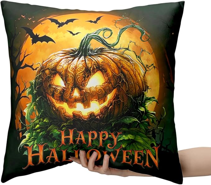 Happy Halloween Pillow Covers Spooky Pumpkin Throw Pillow Covers 18x18 Set of 2 Jack-O'-Lantern Outdoor Pillow Cases Full Moon Bat Cushion Cases for Sofa Couch Patio Porch Garden