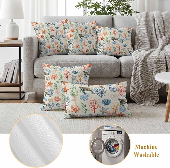 Summer Ocean Outdoor Waterproof Pillow Covers Pack of 2, Vintage Nautical Sea Turtles Shells Corals Starfish Decorative Throw Pillowcases Cushion Covers for Garden Patio Tent Sofa Couch, 18x18 inch