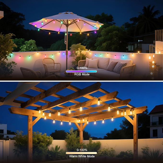 Color Changing Outdoor String Lights 96FT, Waterproof Patio Lights | 2×48FT,30 Dimmable Shatterproof LED Bulbs,Multicolor & Warm White, IP67 Waterproof, Custom Colors,Timer,Replaceable LED Chips