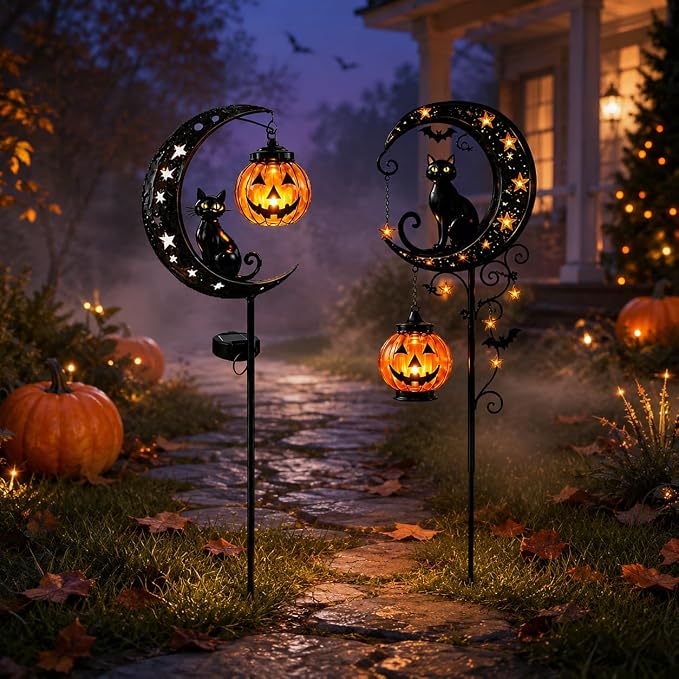 Solar Halloween Black Cat & Pumpkin Moon Garden Stake Light, Outdoor Waterproof LED Yard Decoration with Crescent Moon, Hanging Jack-o'-Lantern Lantern for Garden, Patio, Walkway, Porch (Style A B)