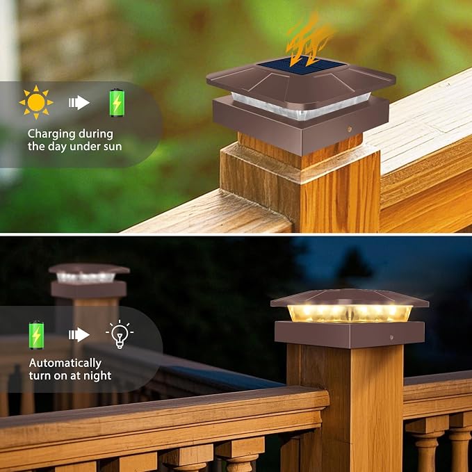 6 Packs 4x4 Post Solar Lights with 3 Modes, Waterproof LED Solar Cap Lights for 4×4/3.5×3.5 Wood/Vinyl Posts, Brown Post Top Lighting Outdoor for Fence Deck Mailbox Porch Railing