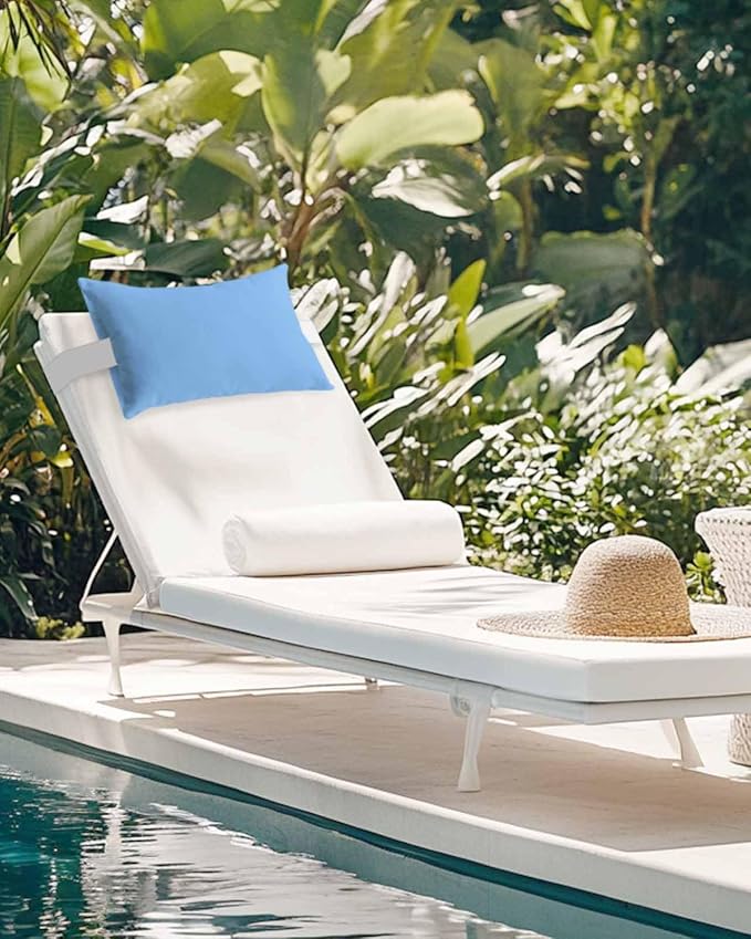 Outdoor Pillow for Lounge Chair with Strap & Insert SkyBlue Pattern Recliner Head Pillow Pure Colour Waterproof Headrest Patio Lumbar Pillows for Beach Pool Office Chaise Chair 12x20 Inch