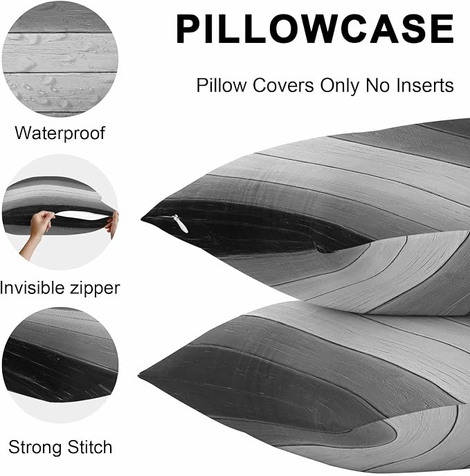 Black Gray Outdoor Pillow Covers 26x26 Inch Throw Pillow Covers Set of 2 Waterproof Decorative Pillow Cases Farmhouse Vintage Gradient Wooden Plank Cushion Covers for Patio Furniture Garden Couch Sofa