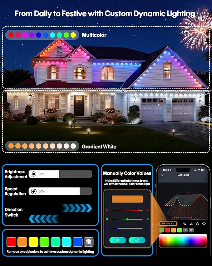 Super RGB Smart Permanent Outdoor Lights, 200FT 120LEDs Color Changing RGB IC Wall Lights, APP & Remote Control, Music Sync, Dynamic Lighting for House, Living Room, Ceiling, Eave Party Xmas Decor