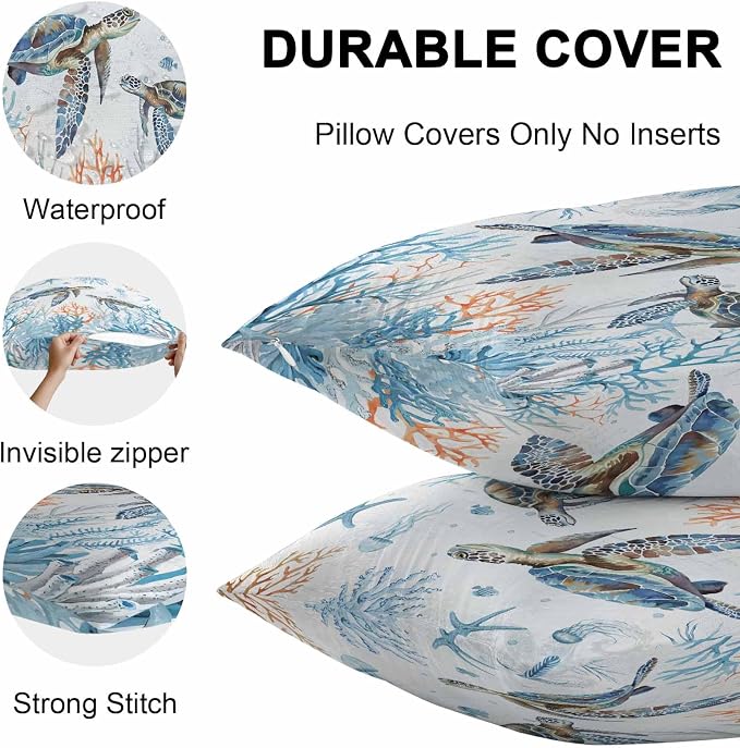 Sea Turtle Outdoor Pillow Covers Pack of 2, Teal Blue Ocean Beach Coastal Waterproof Pillow Covers Underwater Animal Throw Pillowcase for Patio Funiture Garden Tent, 18 x 18 inch