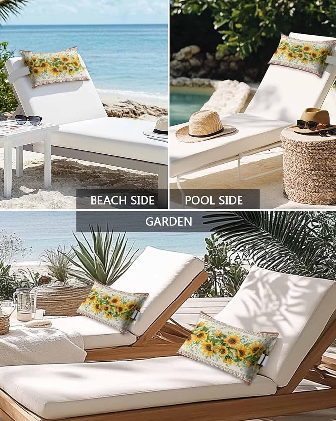 Farmhouse Sunflower Outdoor Lumbar Pillow Covers 11"x16" Set of 2, Decorative Throw Pillow Covers for Patio, Beige Brown Vintage Floral Botanical Waterproof Cushion Case for Pool Beach Chair